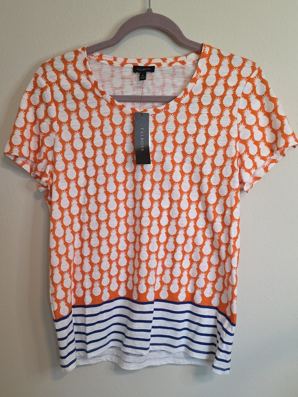 Talbots Orange and White Pineapple Print Short Sleeve Tee with Navy Stripes